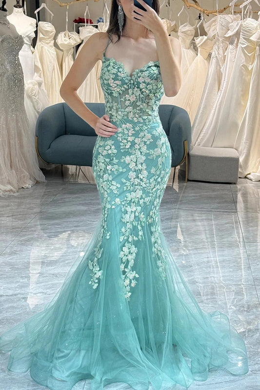 Front view of a Loverlm mint green lace tulle mermaid prom dress with a sweetheart neckline, spaghetti straps, floral appliqués, and a sweeping train.