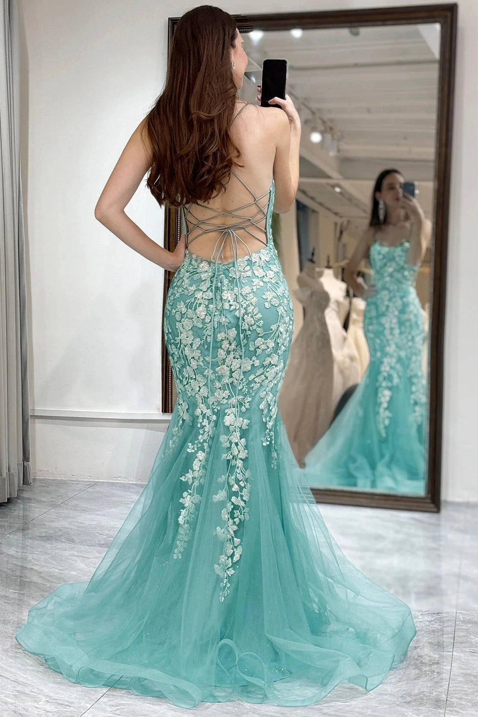 Loverlm Elegant Mint Lace Tulle Mermaid Sweetheart Spaghetti-Strap Lace-Up Floor-Length Prom Dress