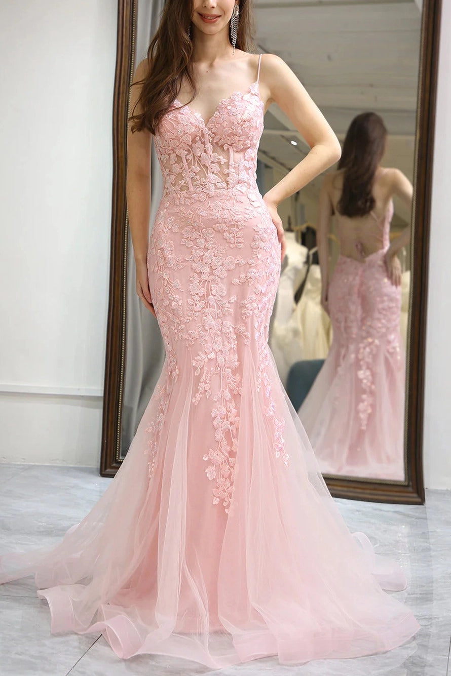 Loverlm Elegant Mint Lace Tulle Mermaid Sweetheart Spaghetti-Strap Lace-Up Floor-Length Prom Dress