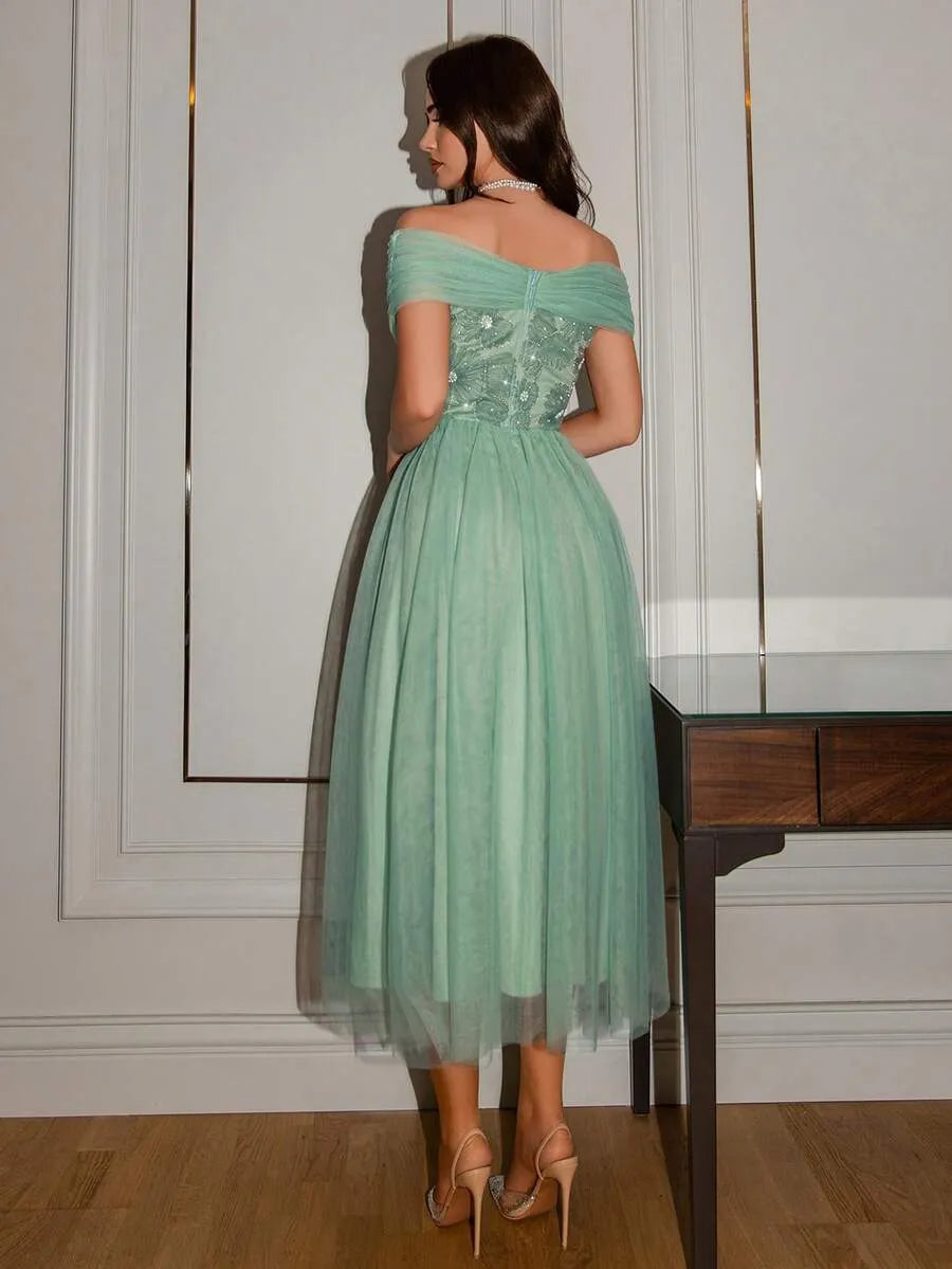 Romantic A-Line V-Neck Off-Shoulder Zip-Back Tulle Midi Wedding Guest Dress