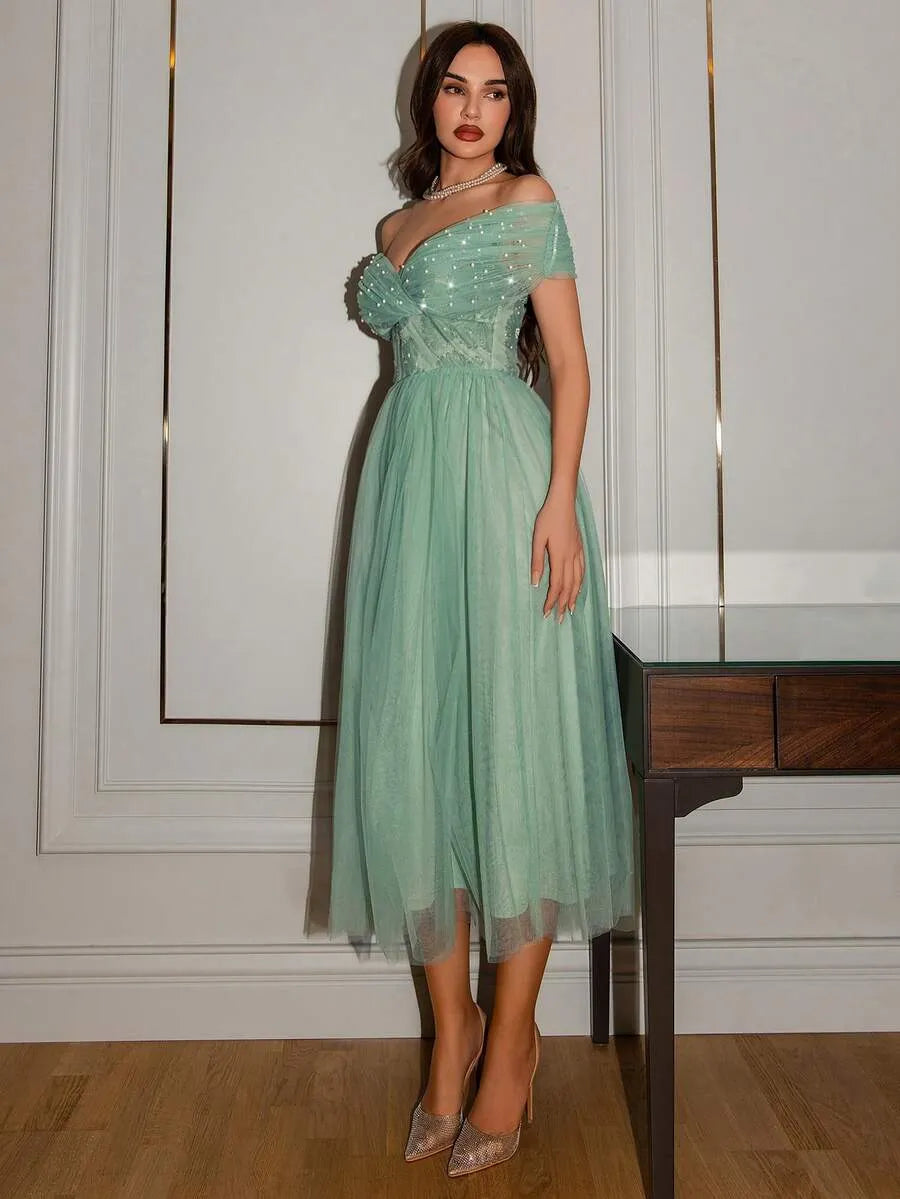 Romantic A-Line V-Neck Off-Shoulder Zip-Back Tulle Midi Wedding Guest Dress