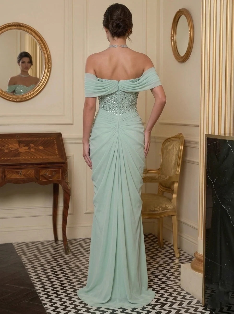 Elegant Sheath Sweetheart Off Shoulder Chiffon Floor Length Evening Dress