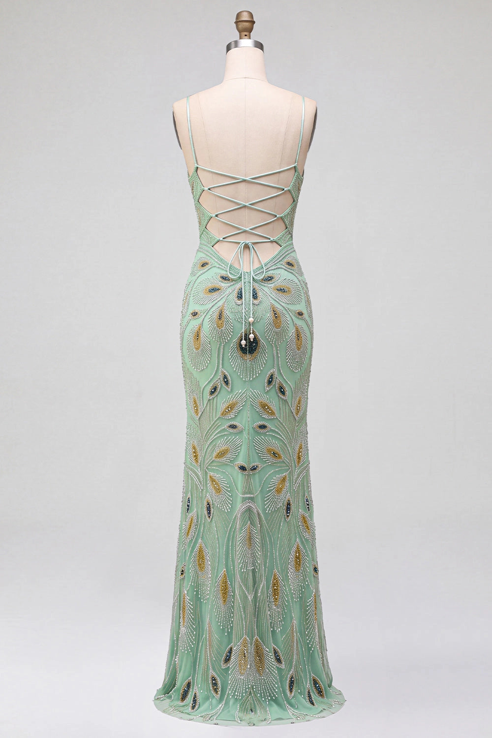 Elegant Sheath Square Neck Spaghetti Straps Lace Up Back High Slit Floor Length Prom Dress