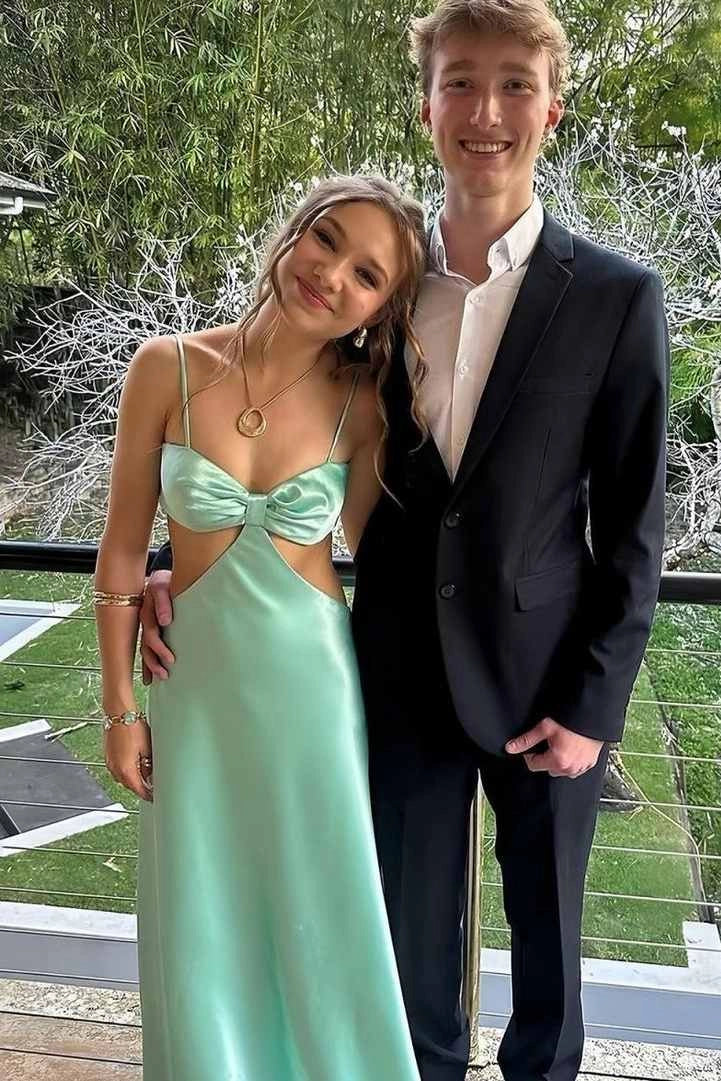 Loverlm mint green satin prom dress with bow-front bodice, spaghetti straps and waist cutouts