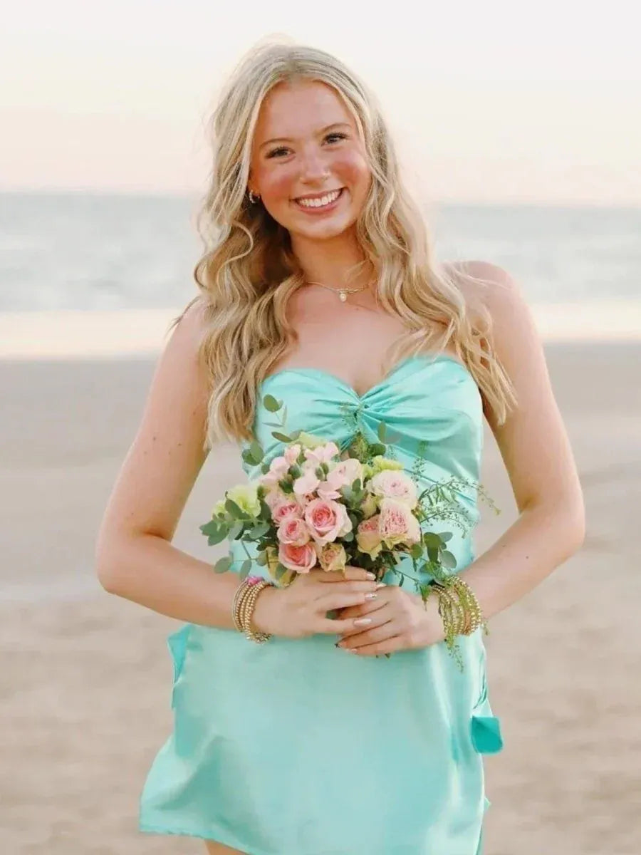 Front view of Loverlm mint green satin mini homecoming dress with sweetheart neckline, twisted bust, front cutout and A-line skirt