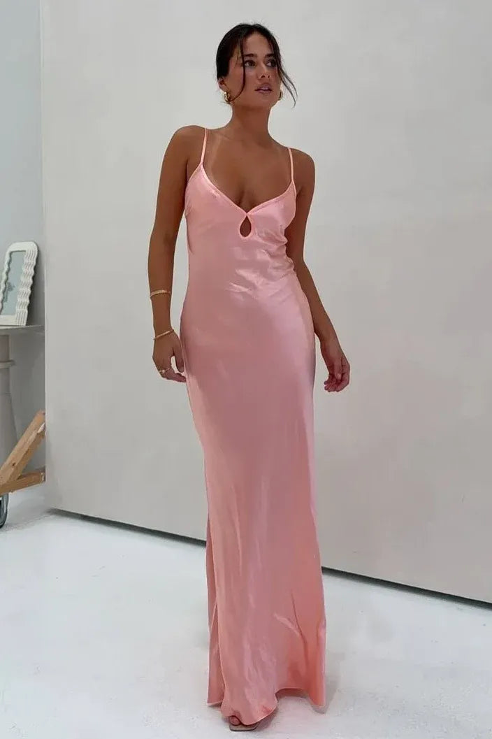 Chic Satin Sheath V Neck Spaghetti Straps Backless Floor Length Prom Dress