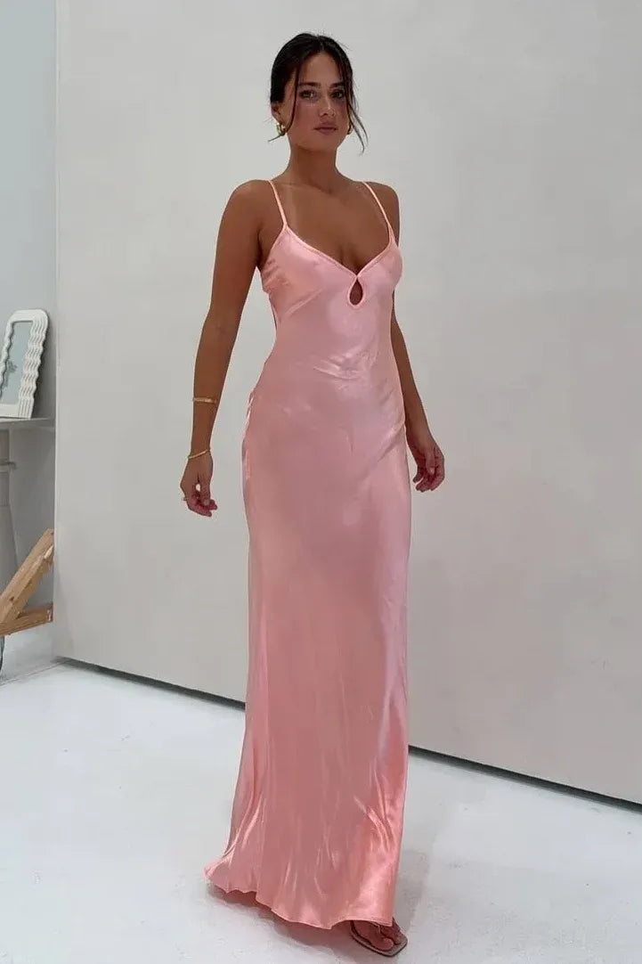 Chic Satin Sheath V Neck Spaghetti Straps Backless Floor Length Prom Dress