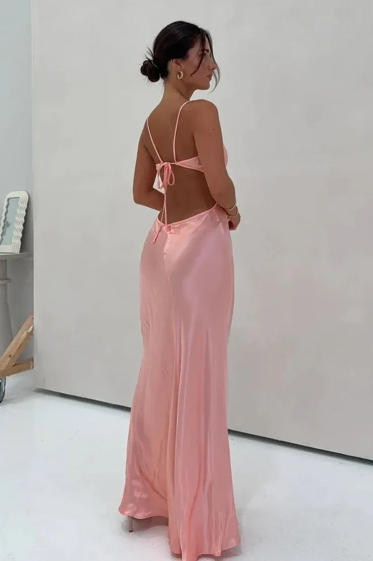 Chic Satin Sheath V Neck Spaghetti Straps Backless Floor Length Prom Dress
