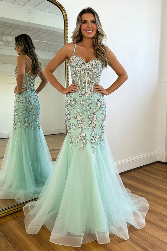 Loverlm mint green sequin mermaid prom dress with sweetheart neckline, spaghetti straps, corset bodice, and tulle skirt