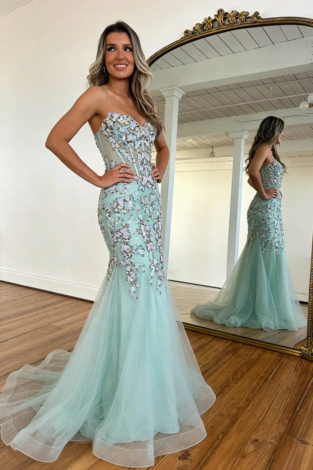 Loverlm Mint Green Sequin Mermaid Sweetheart Spaghetti Strap Lace-Up Back Prom Dress