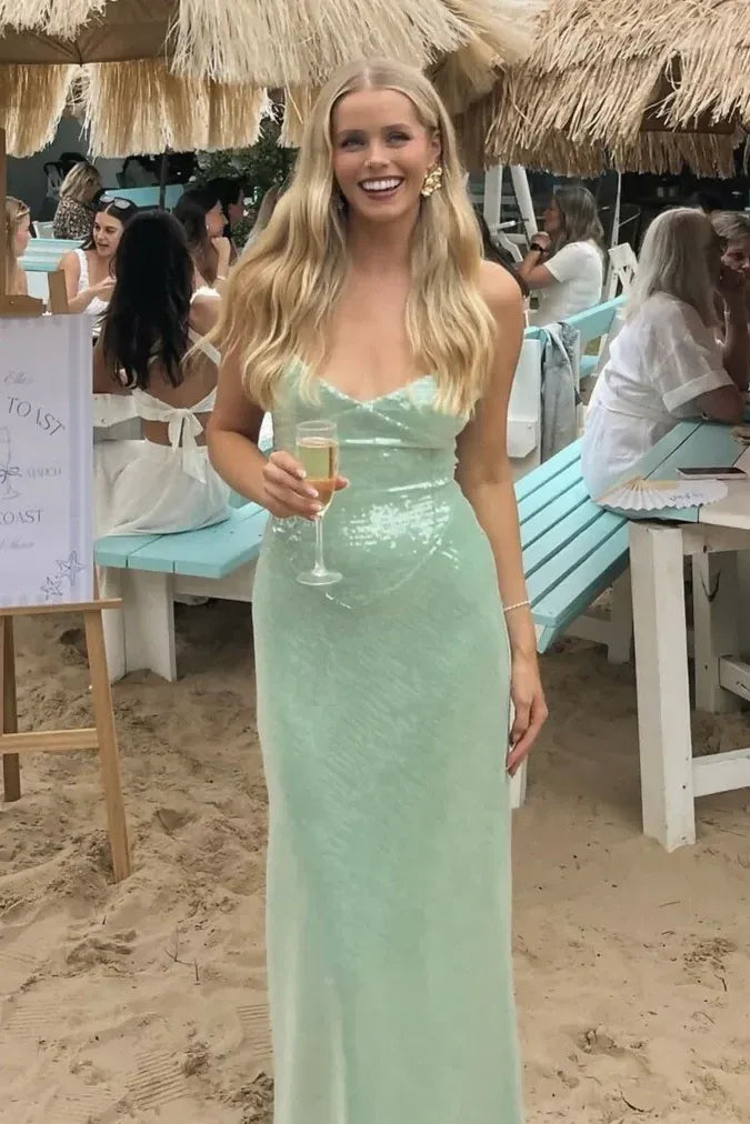 Radiant Sequin Sheath V Neck Sleeveless Zipper Back Floor Length Prom Dress