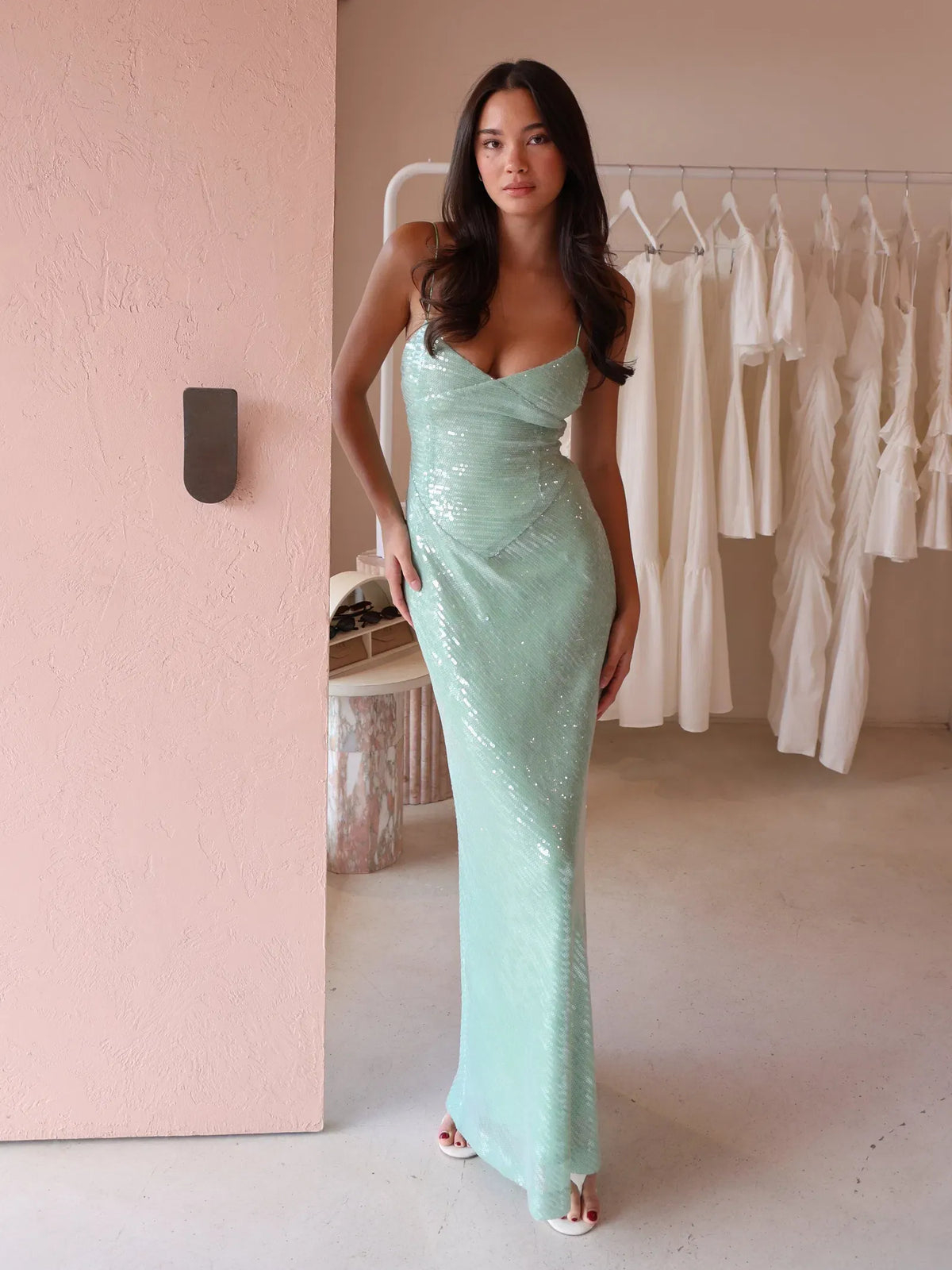Radiant Sequin Sheath V Neck Sleeveless Zipper Back Floor Length Prom Dress