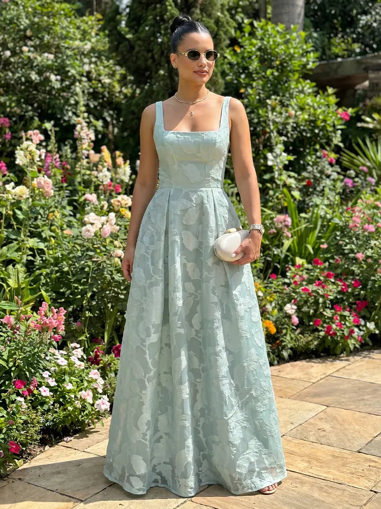 Loverlm mint green Wedding Guest dress with square neckline wide straps floral jacquard texture defined waist and floor-length A-line skirt