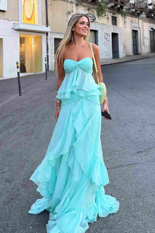 Loverlm mint green strapless sweetheart prom dress with layered ruffles peplum waist and flowing floor-length skirt