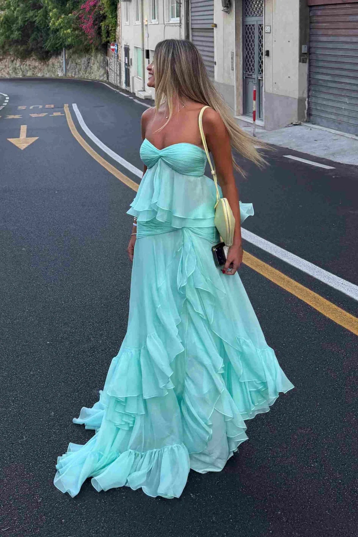 Romantic A-Line Sweetheart Strapless Ruffle Layered Floor-Length Prom Dress
