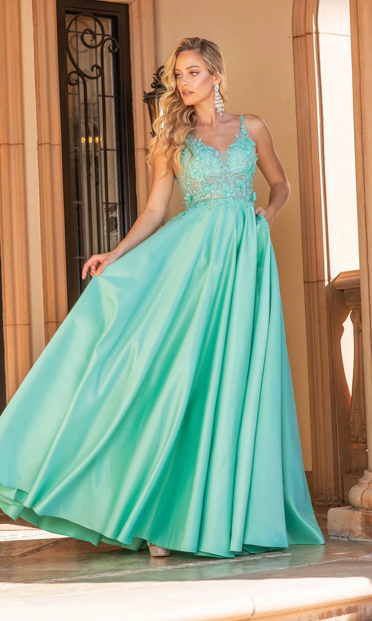 Romantic A-Line V-Neck Sleeveless Satin Floor Length Prom Dress