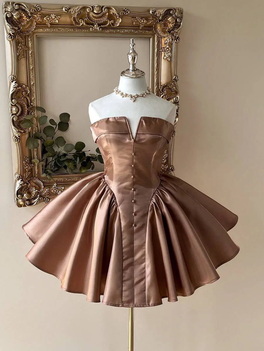 Loverlm mocha brown satin homecoming dress with notched strapless corset bodice and full mini skirt