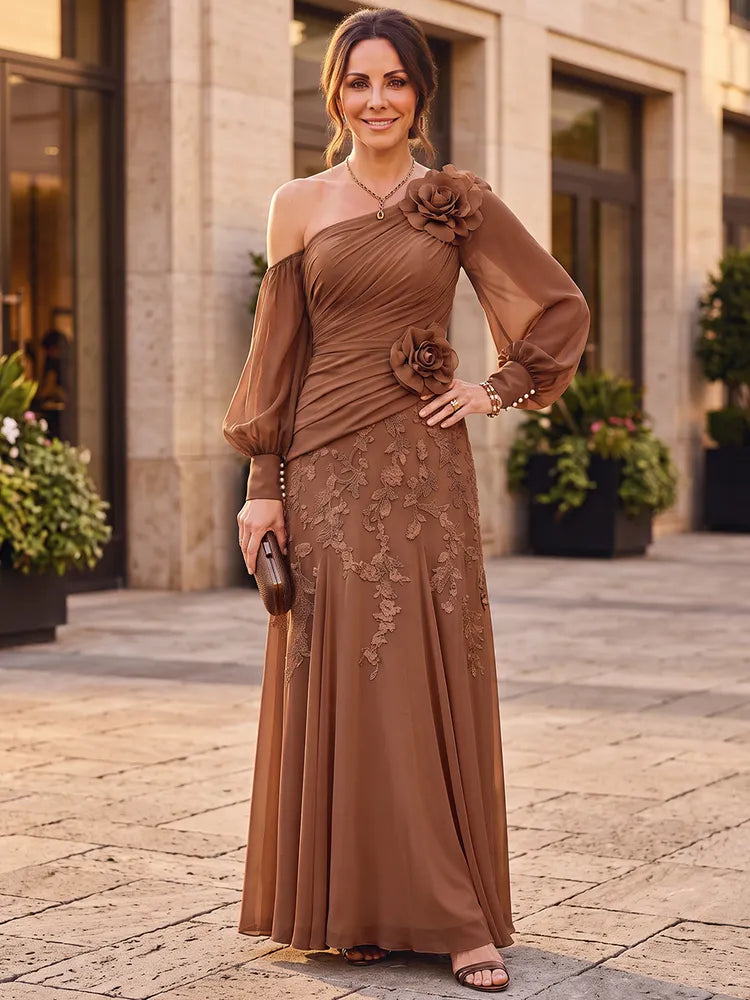 Loverlm mocha brown Mother of the Bride dress with one-shoulder neckline long sleeve ruched bodice 3D rosettes lace appliqué and floor-length skirt