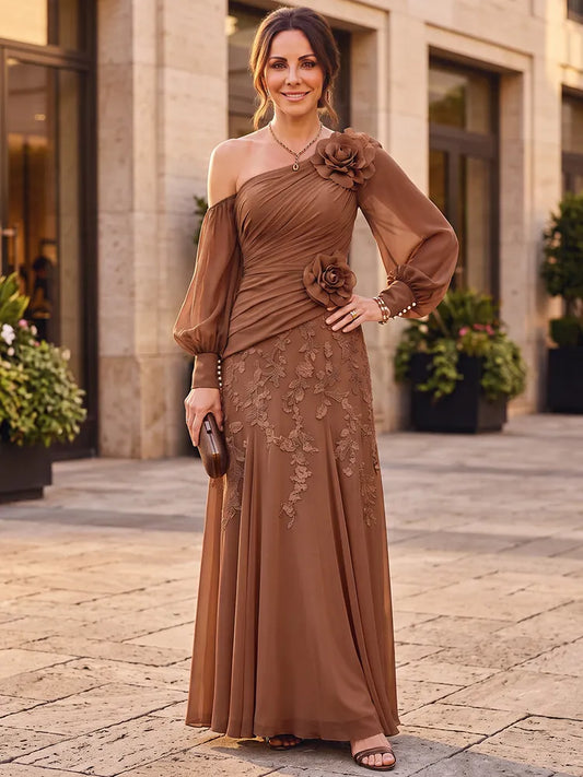Loverlm mocha brown Mother of the Bride dress with one-shoulder neckline long sleeve ruched bodice 3D rosettes lace appliqué and floor-length skirt