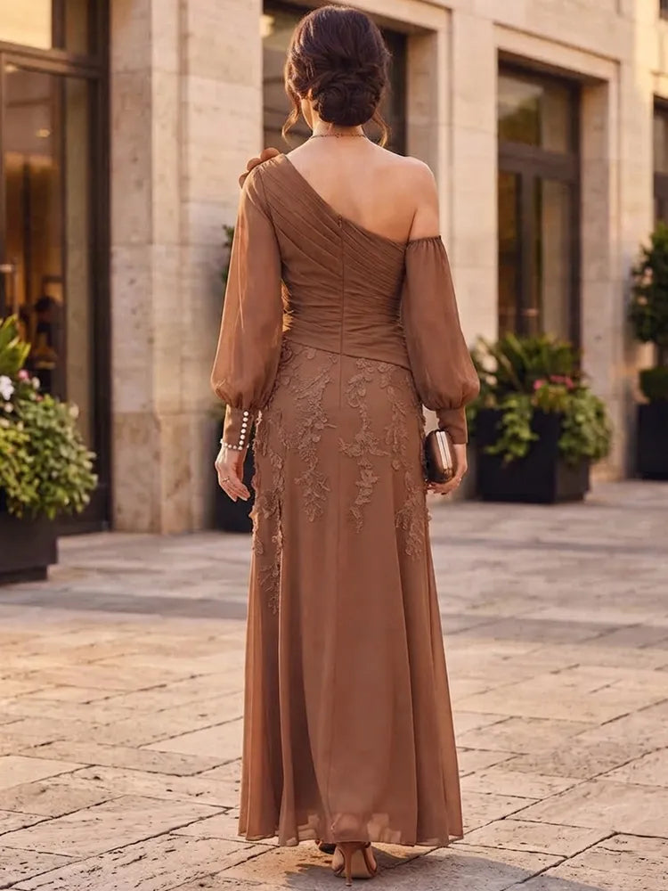 Elegant Sheath One-Shoulder Long-Sleeve Lace Rosette Mother of the Bride Dress