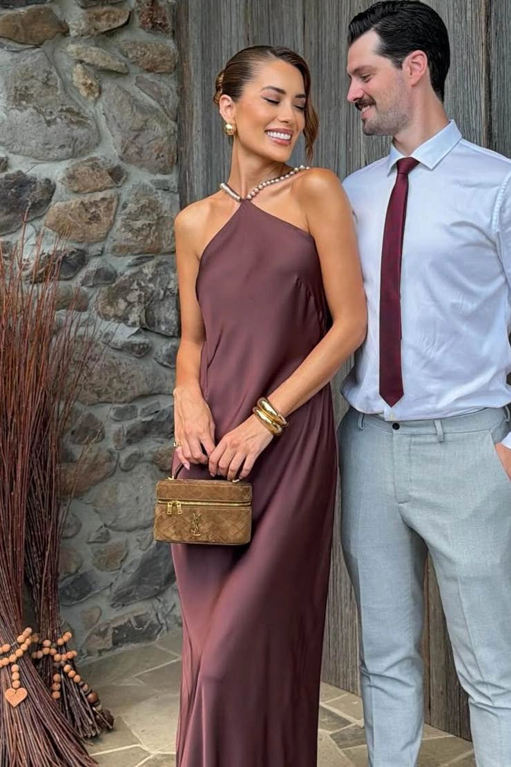 Loverlm mocha satin sheath evening dress with halter neckline and pearl-accented straps