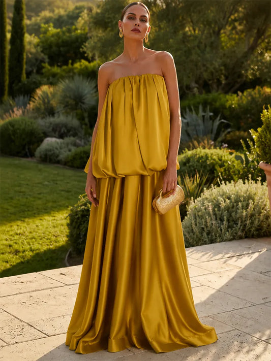 Loverlm mustard gold evening dress with strapless blouson bodice satin fabric relaxed waist and flowing floor-length A-line skirt