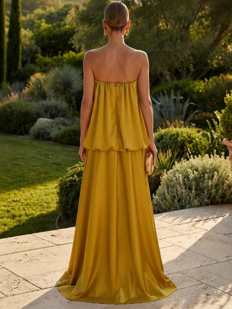 Elegant A-Line Strapless Sleeveless Satin Blouson Floor-Length Evening Dress