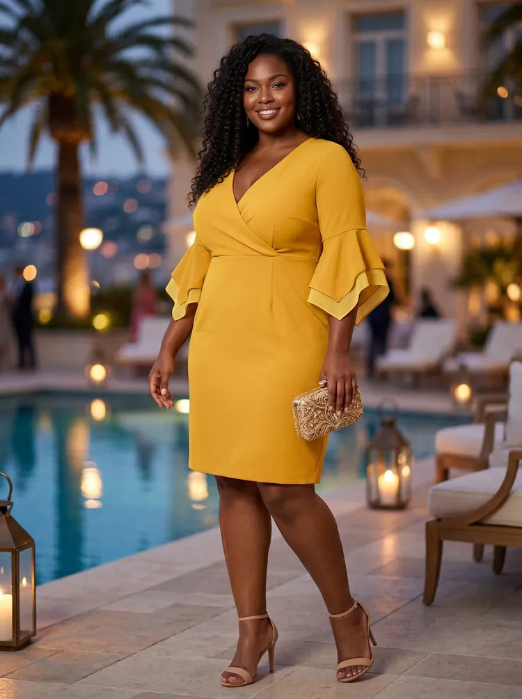 Loverlm mustard yellow plus size cocktail dress front view featuring surplice V neck, tiered ruffle sleeves, defined waist and knee length sheath skirt