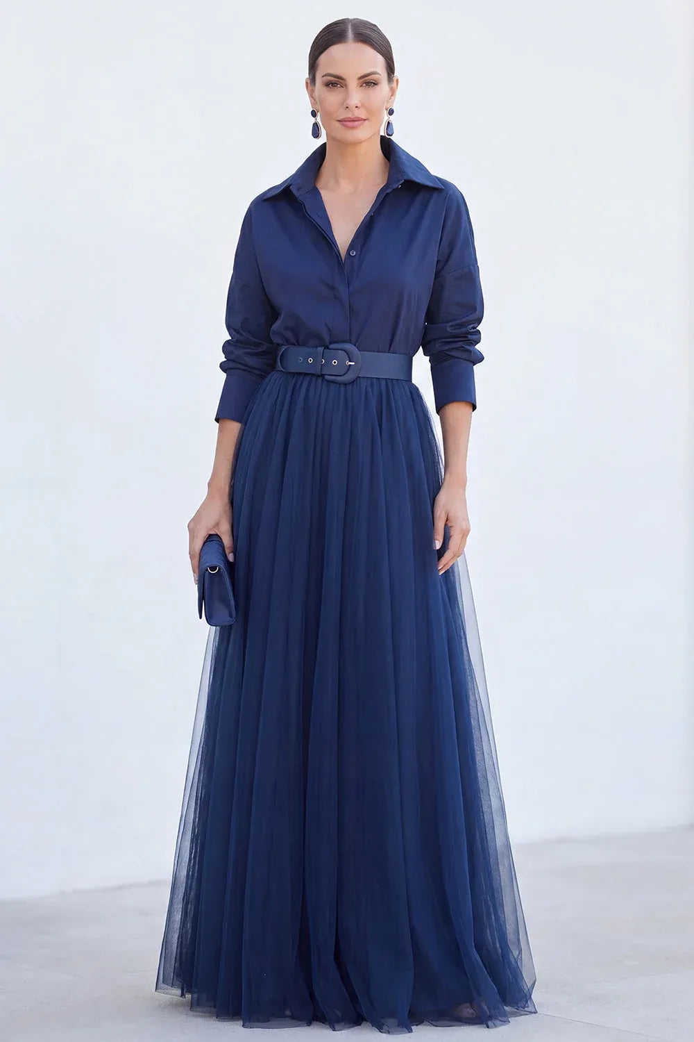 Chic Tulle A-Line Collared Long-Sleeve Pleated-Back Belted Floor-Length Evening Dress