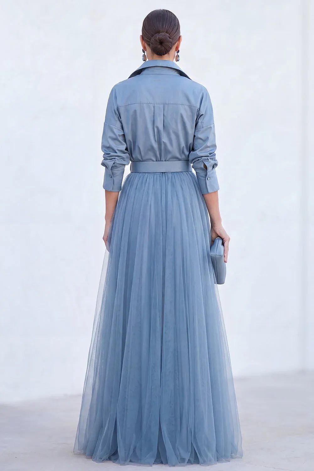 Chic Tulle A-Line Collared Long-Sleeve Pleated-Back Belted Floor-Length Evening Dress
