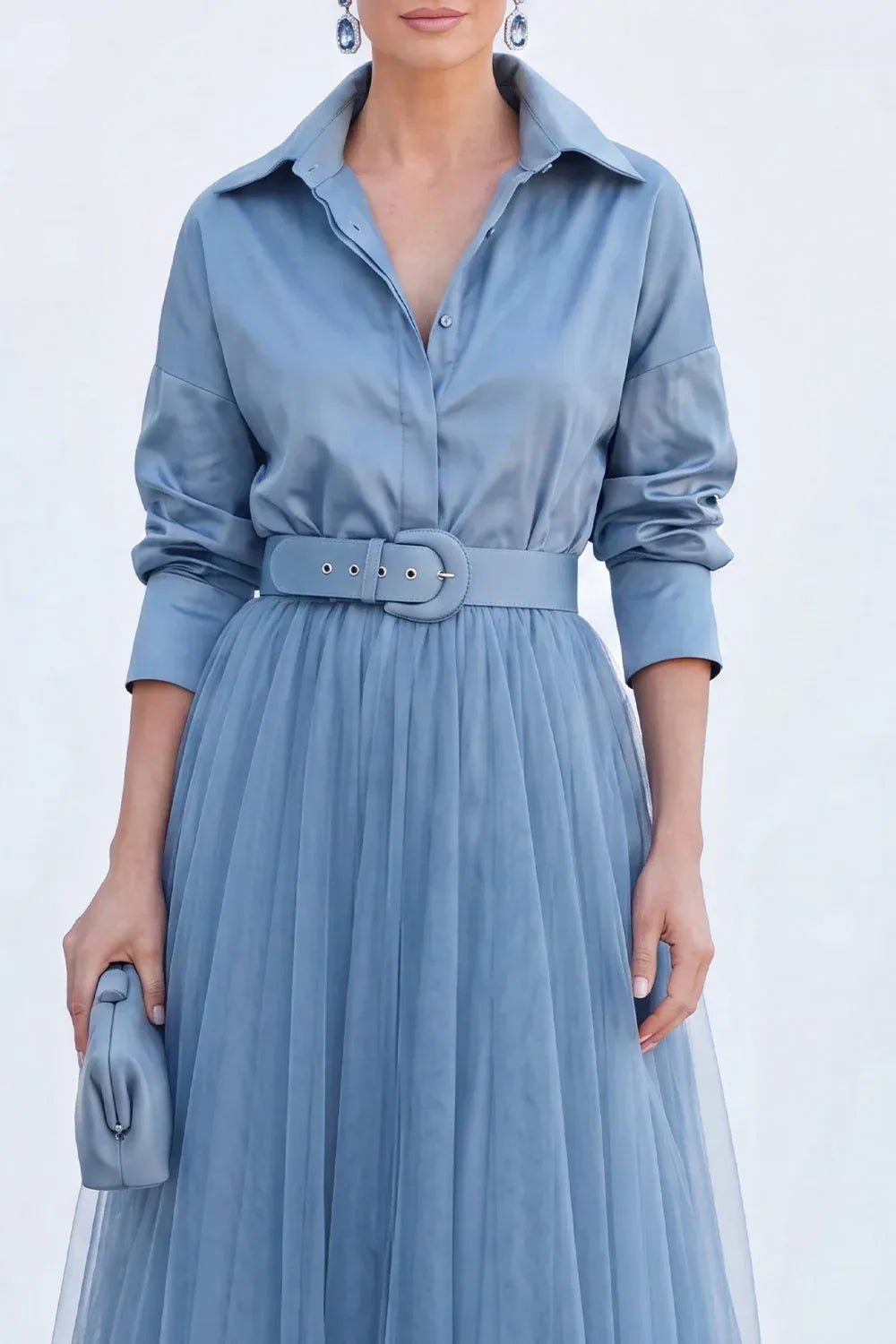 Chic Tulle A-Line Collared Long-Sleeve Pleated-Back Belted Floor-Length Evening Dress