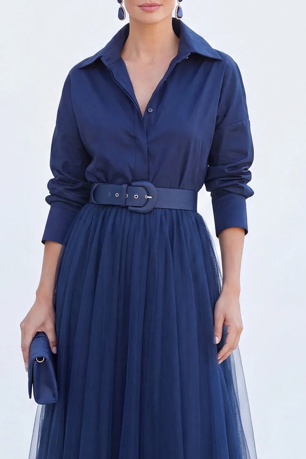 Chic Tulle A-Line Collared Long-Sleeve Pleated-Back Belted Floor-Length Evening Dress