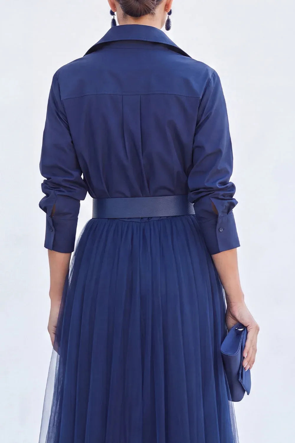 Chic Tulle A-Line Collared Long-Sleeve Pleated-Back Belted Floor-Length Evening Dress