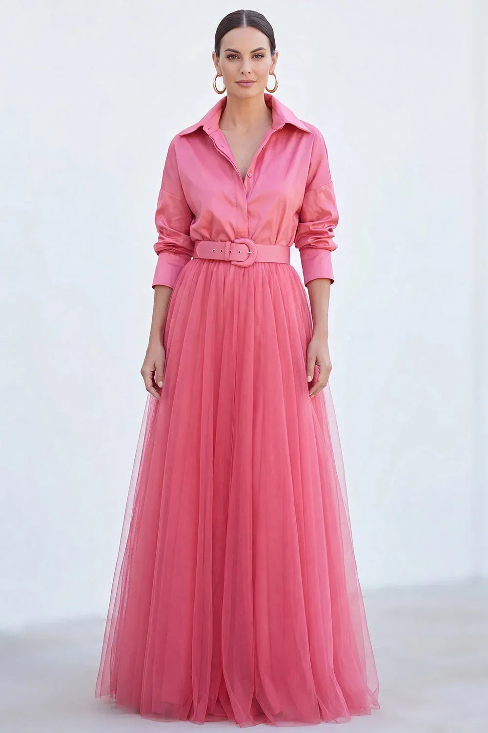 Chic Tulle A-Line Collared Long-Sleeve Pleated-Back Belted Floor-Length Evening Dress