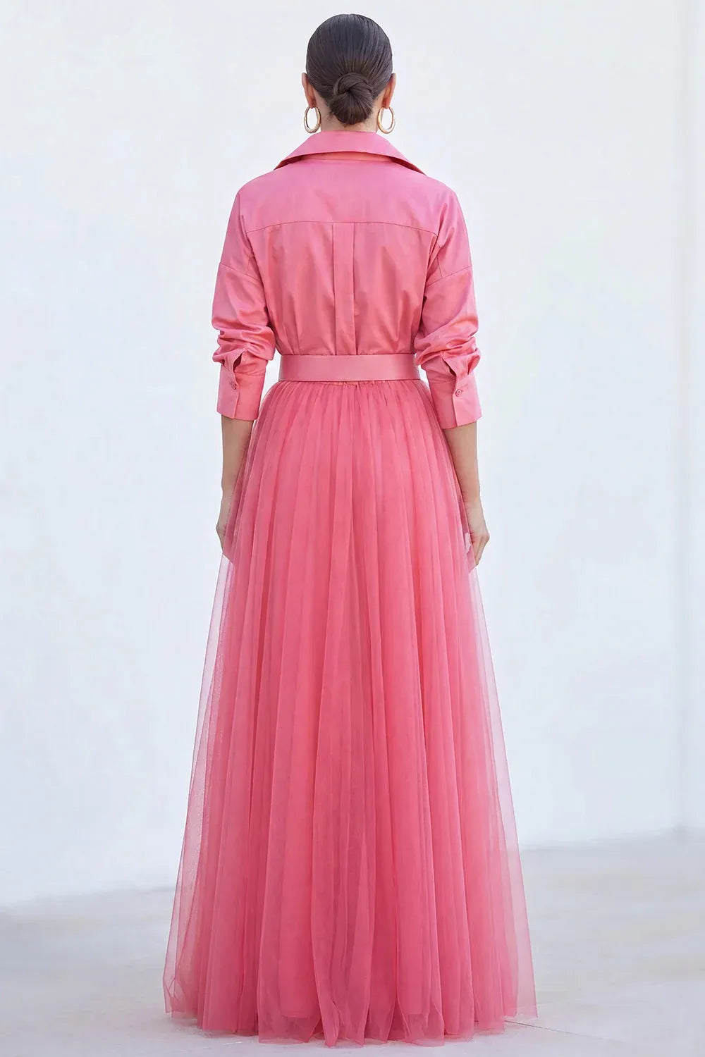 Chic Tulle A-Line Collared Long-Sleeve Pleated-Back Belted Floor-Length Evening Dress