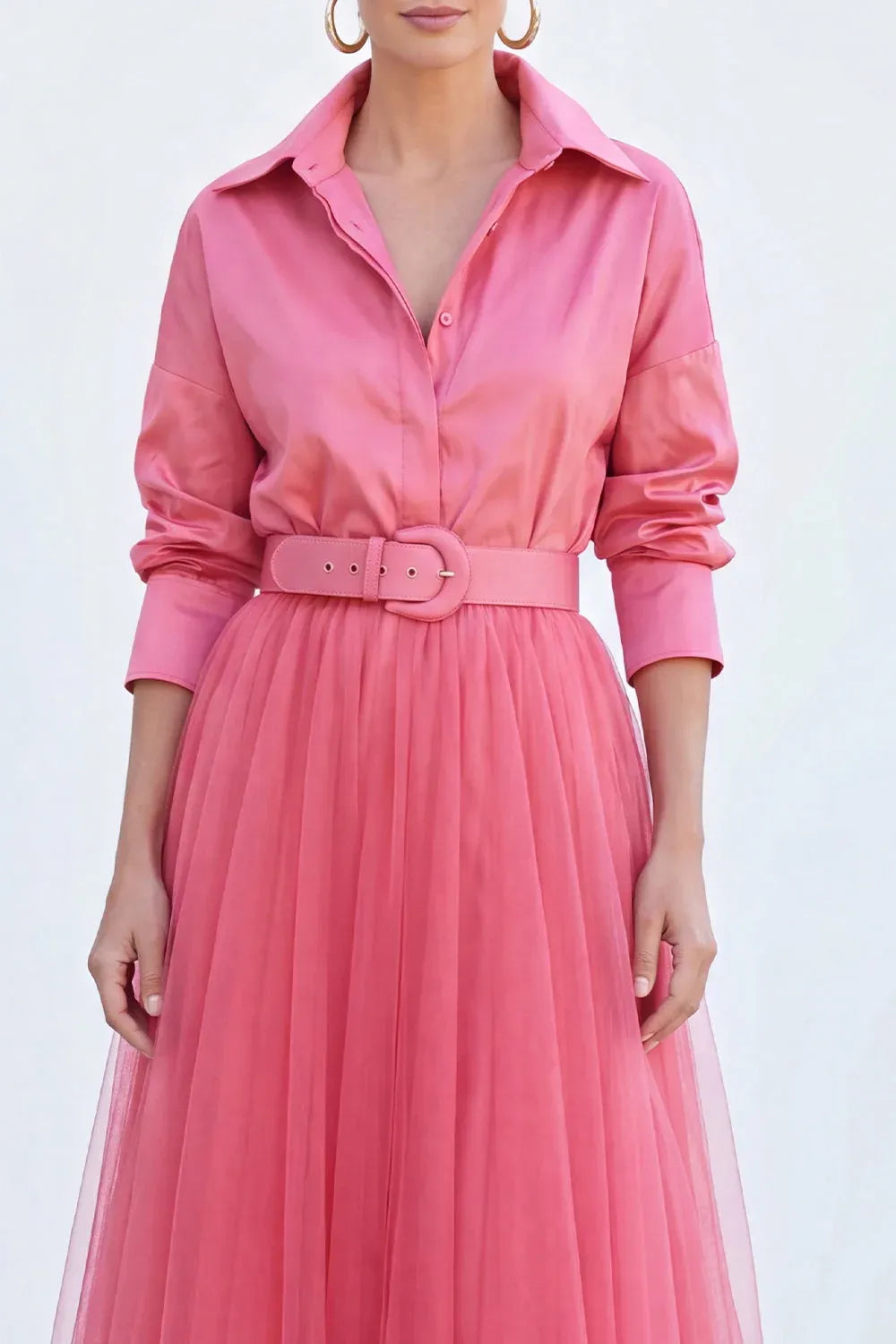 Chic Tulle A-Line Collared Long-Sleeve Pleated-Back Belted Floor-Length Evening Dress