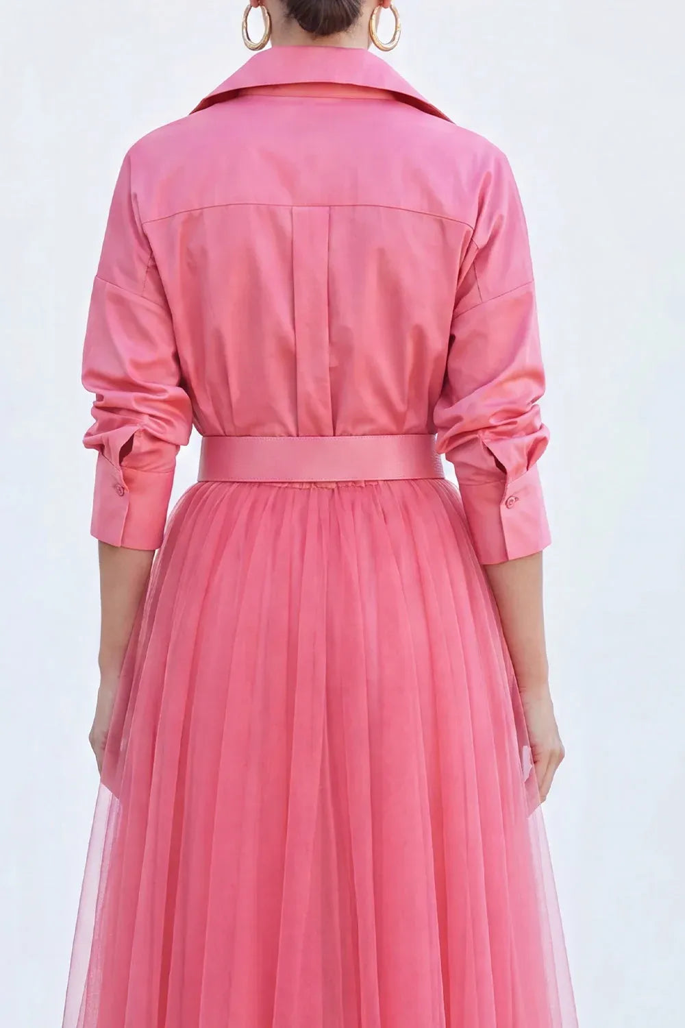 Chic Tulle A-Line Collared Long-Sleeve Pleated-Back Belted Floor-Length Evening Dress