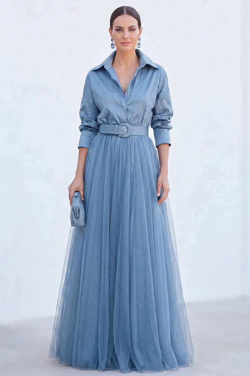 Chic Tulle A-Line Collared Long-Sleeve Pleated-Back Belted Floor-Length Evening Dress