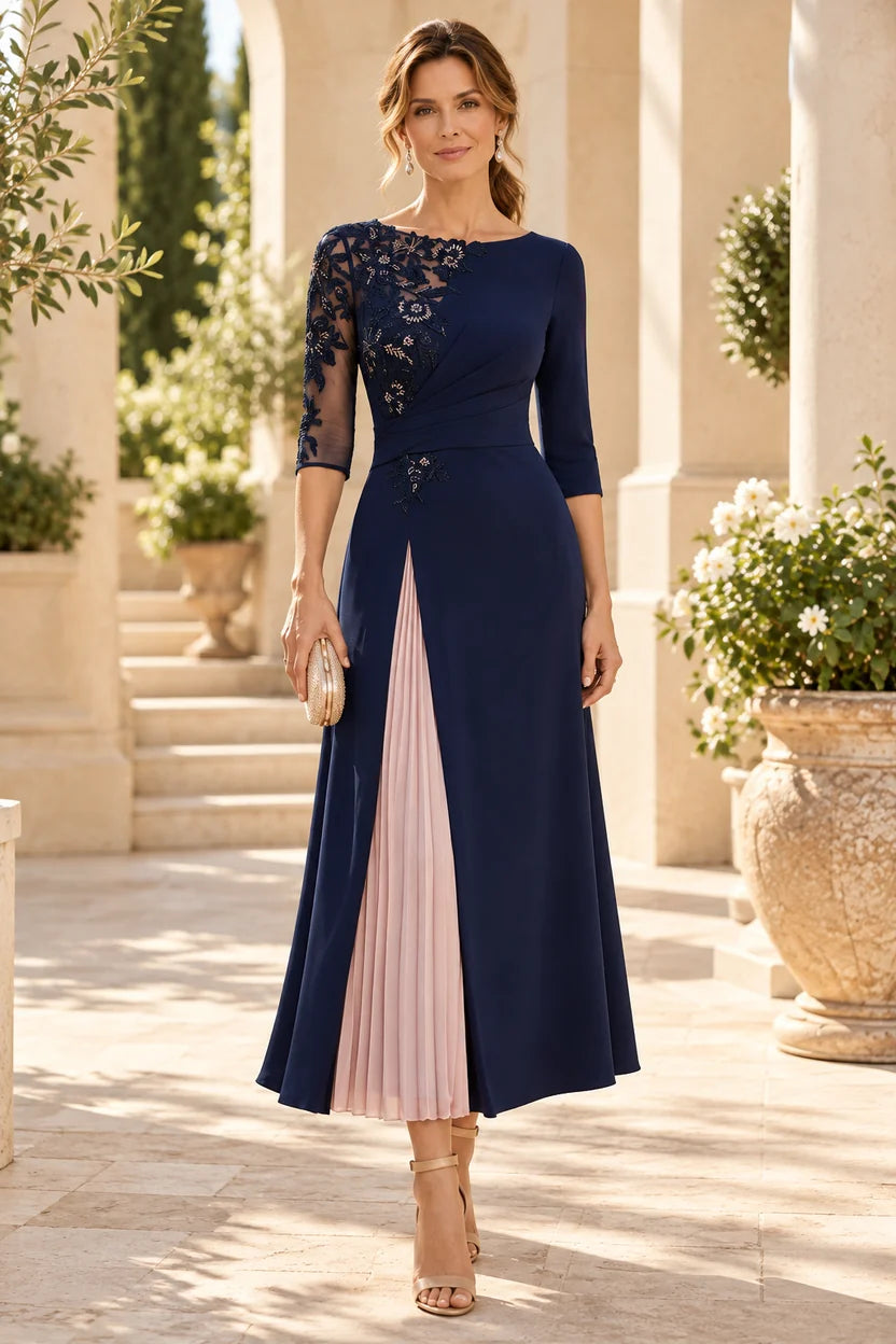 Loverlm navy blue Mother of the Bride dress with asymmetric floral lace, three-quarter sleeves and blush pink pleated skirt panel front view