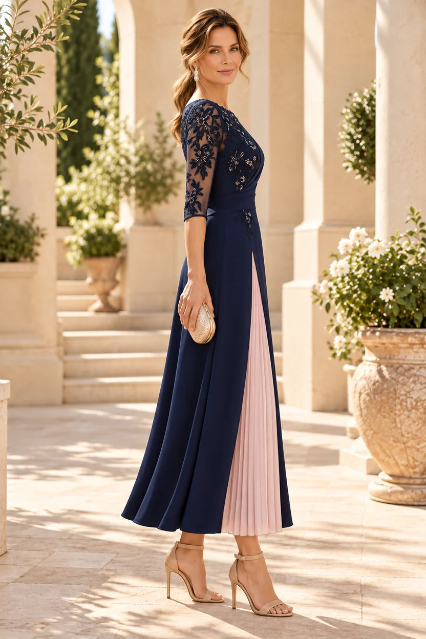 Elegant A-Line Round Neck Three-Quarter Sleeve Lace Midi Mother of the Bride Dress