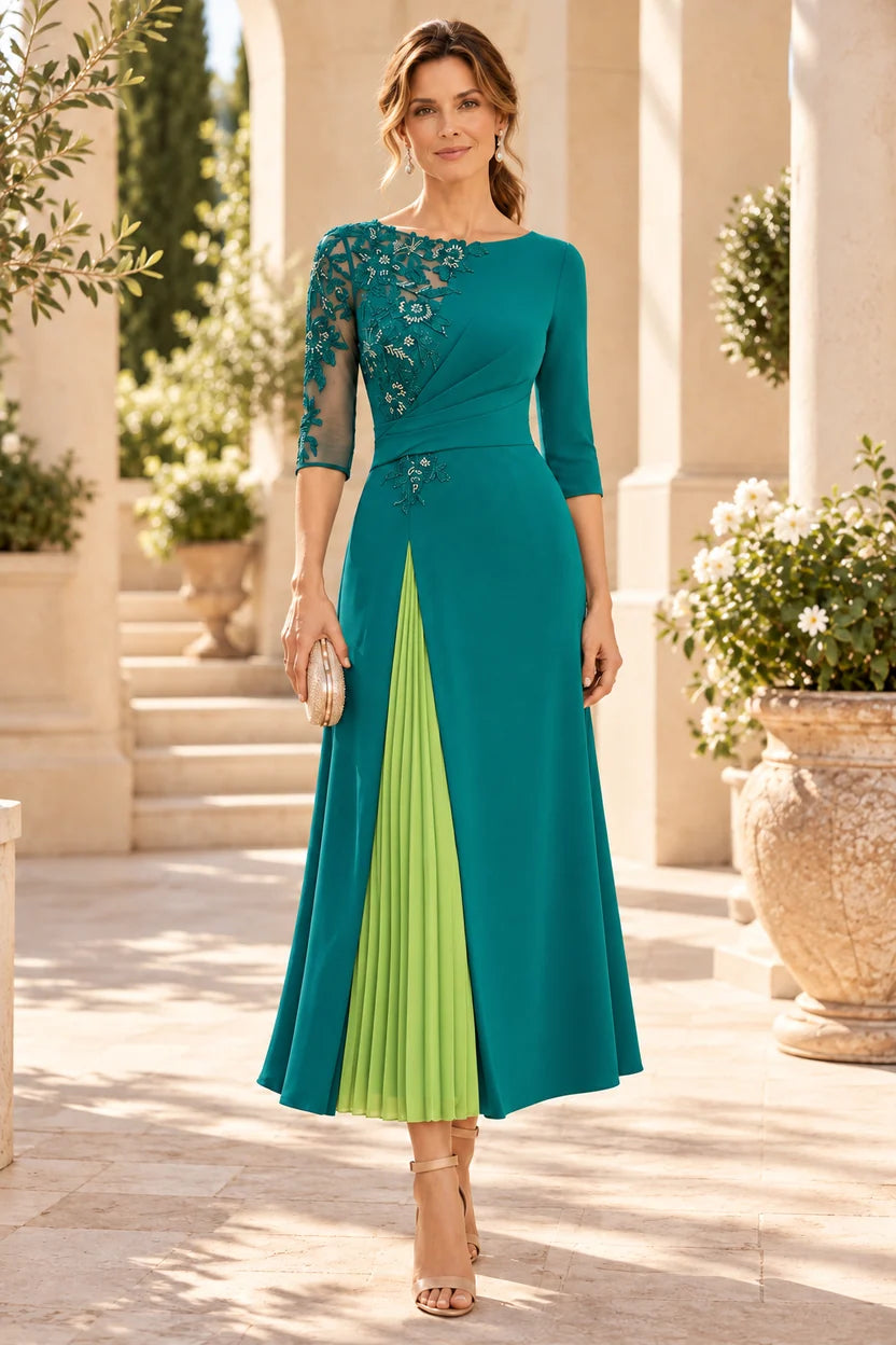Elegant A-Line Round Neck Three-Quarter Sleeve Lace Midi Mother of the Bride Dress