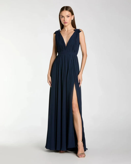 Loverlm navy blue deep V-neck A-line bridesmaid dress with high slit
