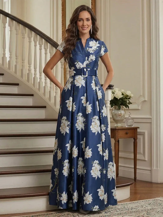 Elegant A-Line Mandarin Collar Short Sleeve Zipper Back Floor-Length Floral Mother of the Bride Dress