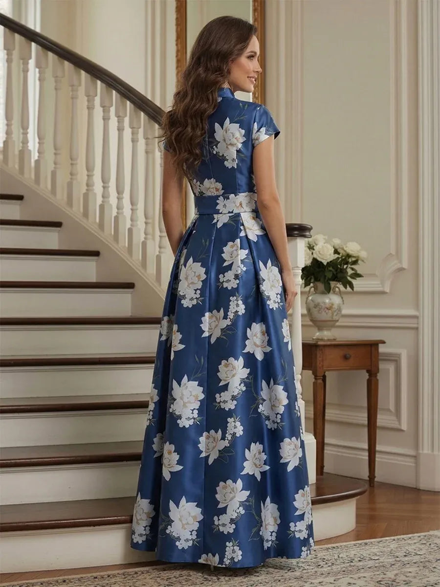 Elegant A-Line Mandarin Collar Short Sleeve Zipper Back Floor-Length Floral Mother of the Bride Dress