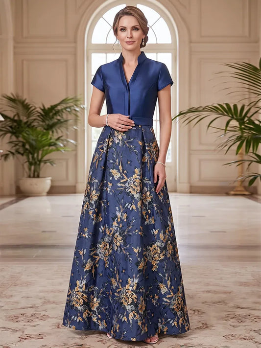 Loverlm navy blue floral mother of the bride dress front view featuring a mandarin collar, cap sleeves, fitted waistband and floor-length A-line skirt