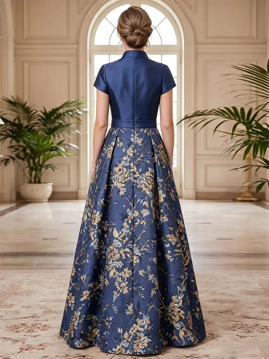 Elegant A-Line Mandarin Collar Cap Sleeve Closed Back Floral Mother of the Bride Dress