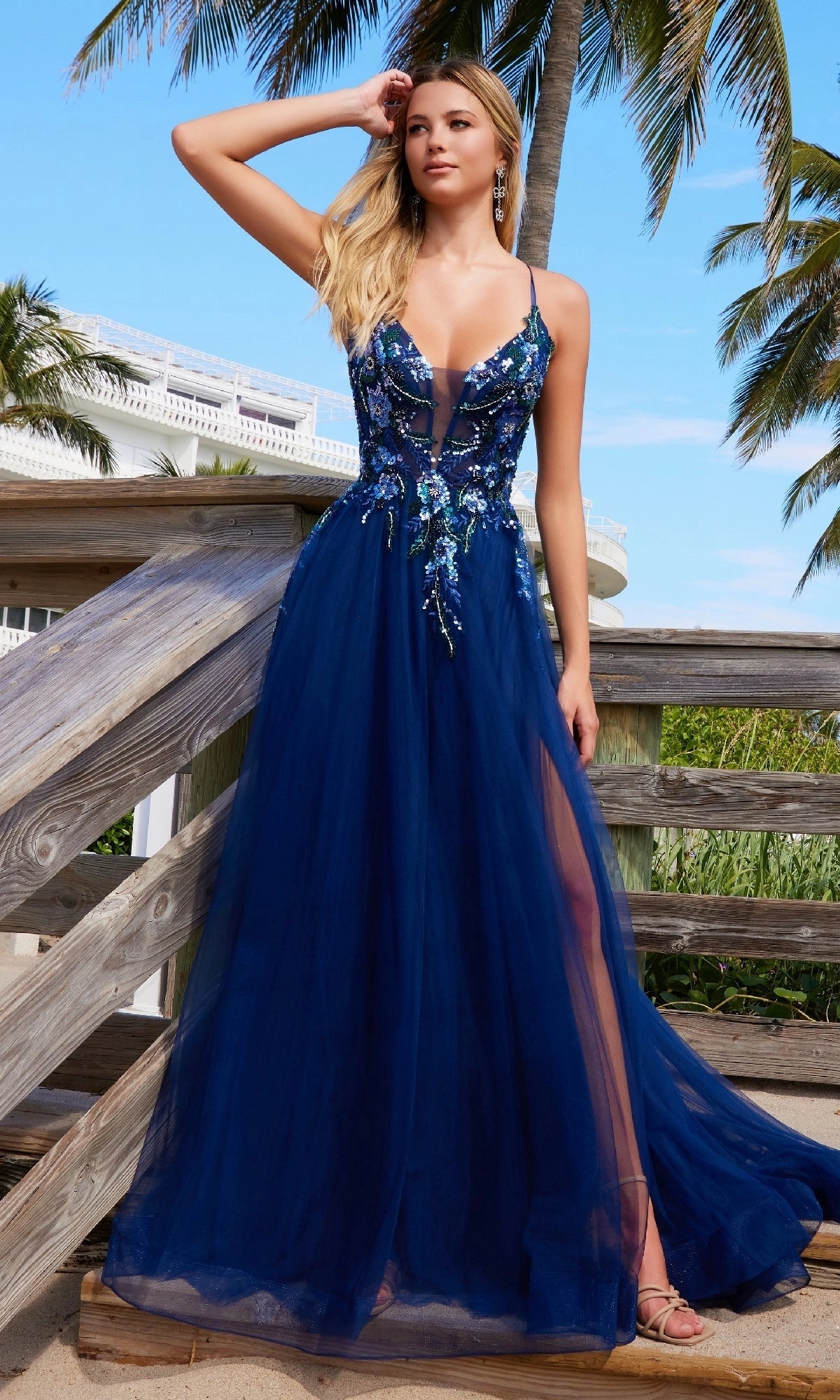 Glamorous A-Line V-Neck Sleeveless Tulle Floor Length Prom Dress