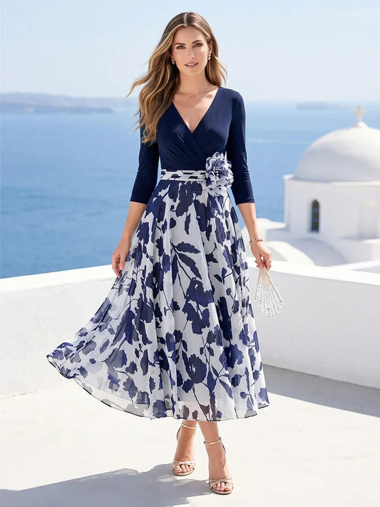 Loverlm navy blue floral Mother of the Bride dress with V-neck, three-quarter sleeves, floral waist accent and flowing A-line midi skirt front view