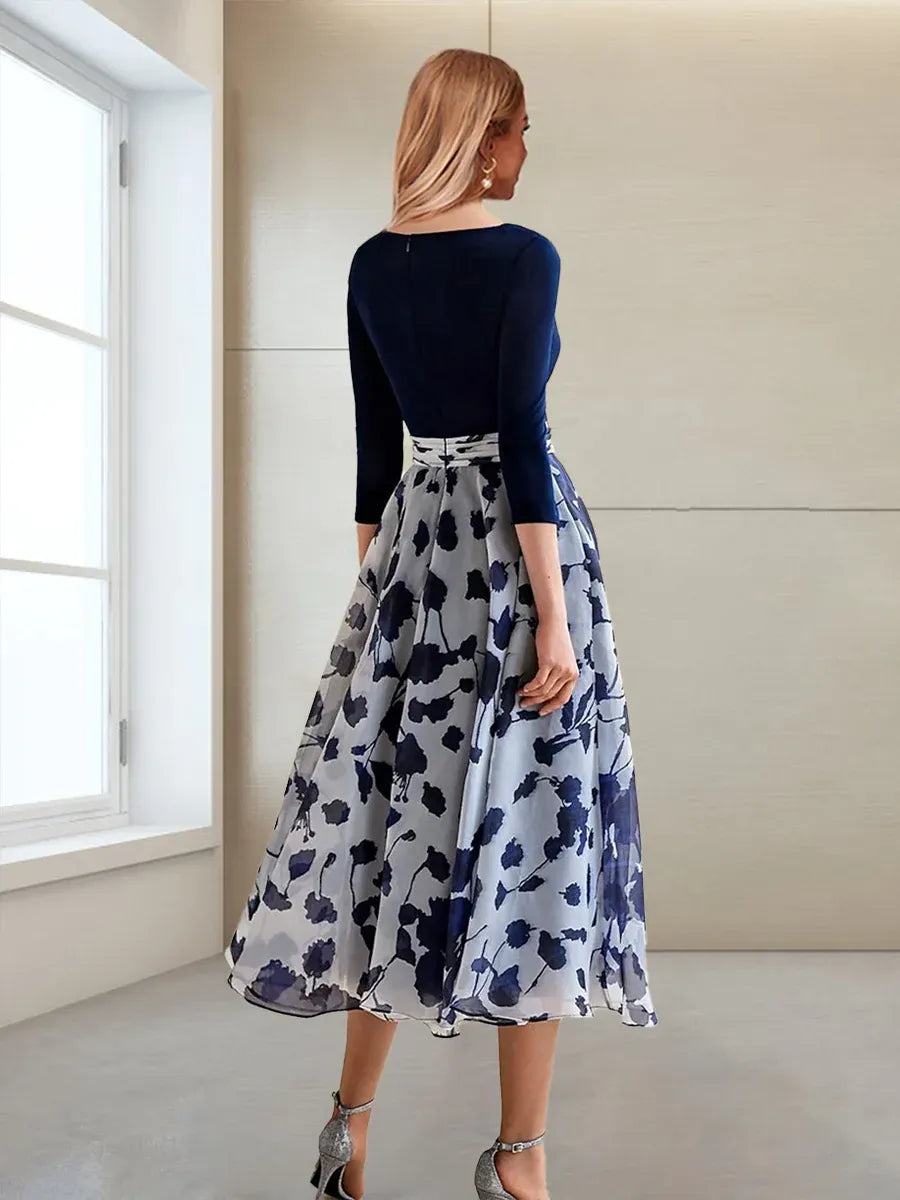 Elegant A-Line V-Neck Three-Quarter Sleeve Closed-Back Floral Midi Mother of the Bride Dress
