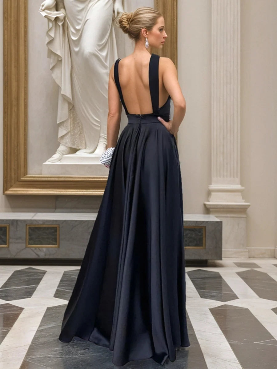 Elegant A Line Halter Neck Sleeveless Satin Floor Length Evening Dress